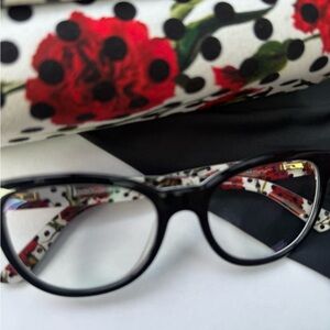 Dolce & Gabbana Black Glasses with Red Floral Design